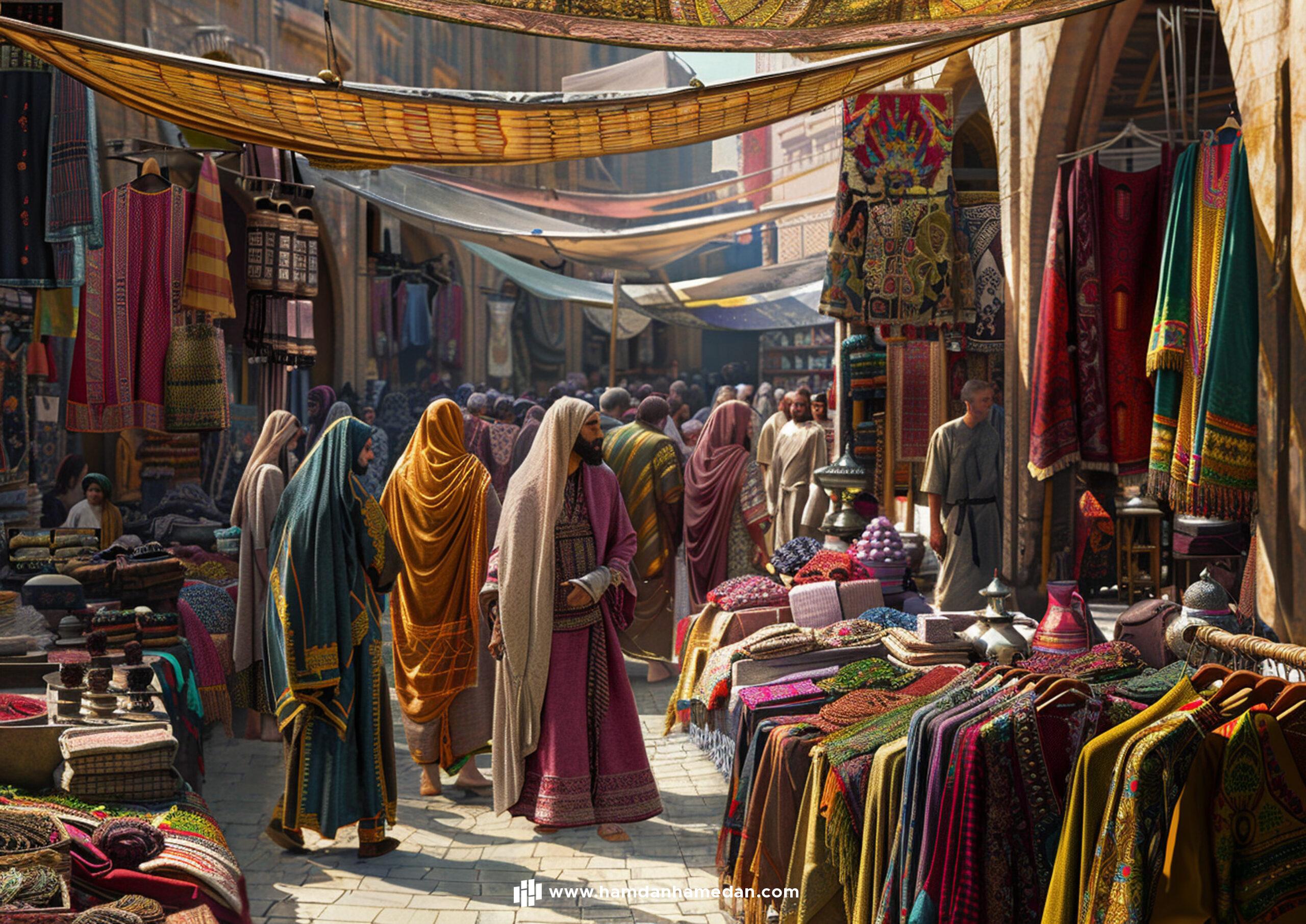 Clothing market in ancient Baghdad Middle East scaled