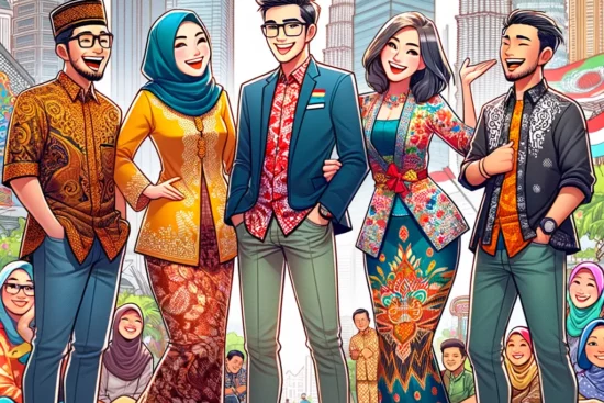 DALL·E 2024 05 07 00.25.14 A cartoon depicting a group of Indonesian diaspora living abroad. The image features five diverse Indonesian adults each wearing different traditiona