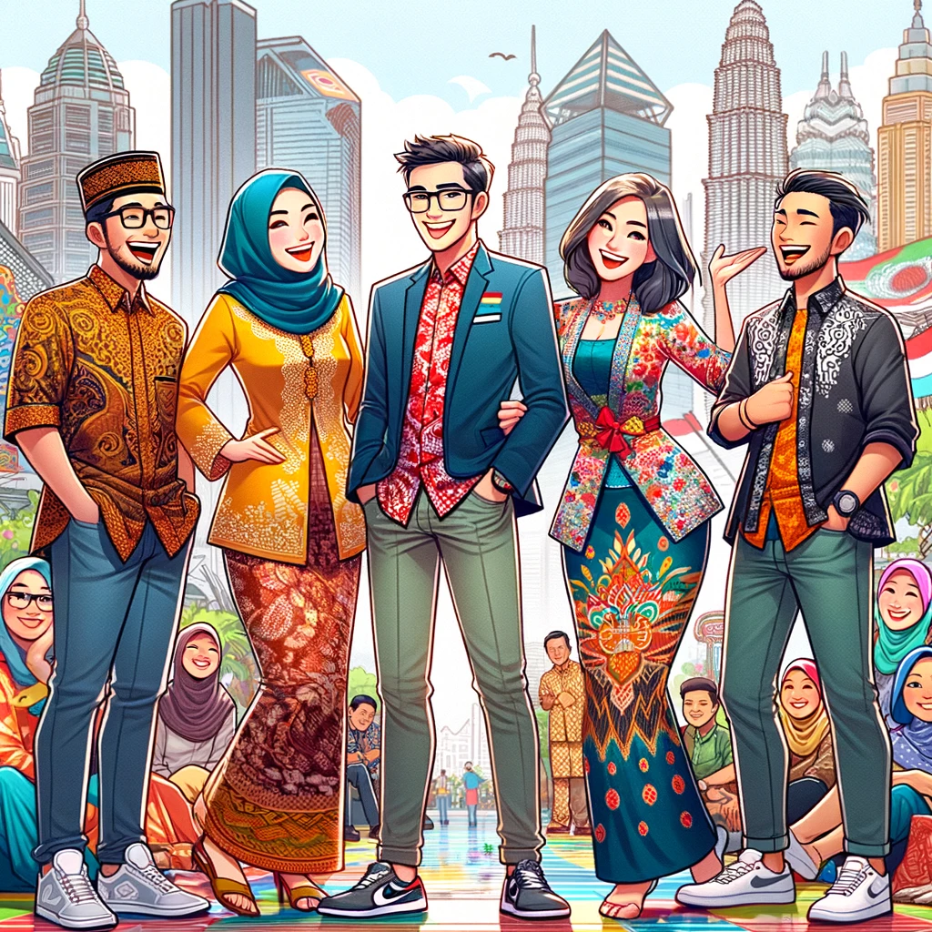 DALL·E 2024 05 07 00.25.14 A cartoon depicting a group of Indonesian diaspora living abroad. The image features five diverse Indonesian adults each wearing different traditiona