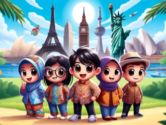 DALL·E 2024 05 07 00.30.34 A wide format cartoon of a group of Indonesian diaspora now all wearing modern batik clothing set against a backdrop of global landmarks. The five c