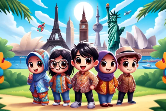 DALL·E 2024 05 07 00.30.34 A wide format cartoon of a group of Indonesian diaspora now all wearing modern batik clothing set against a backdrop of global landmarks. The five c