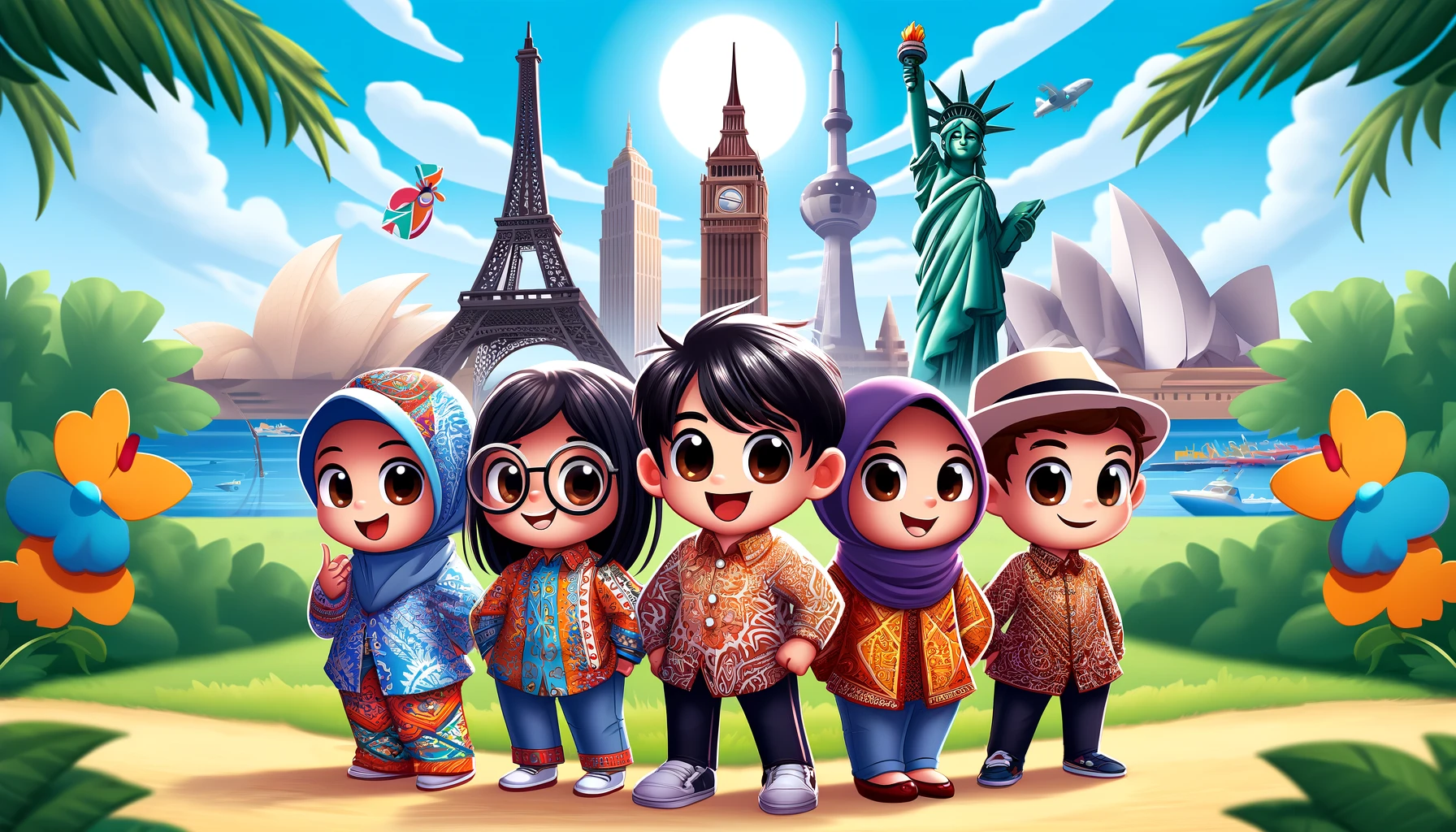 DALL·E 2024 05 07 00.30.34 A wide format cartoon of a group of Indonesian diaspora now all wearing modern batik clothing set against a backdrop of global landmarks. The five c