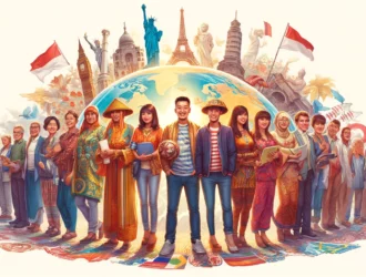 DALL·E 2024 05 07 18.46.42 A vibrant wide format illustration depicting Indonesian people living around the world showcasing a diverse group of five adults each from different