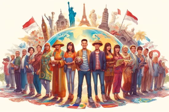 DALL·E 2024 05 07 18.46.42 A vibrant wide format illustration depicting Indonesian people living around the world showcasing a diverse group of five adults each from different