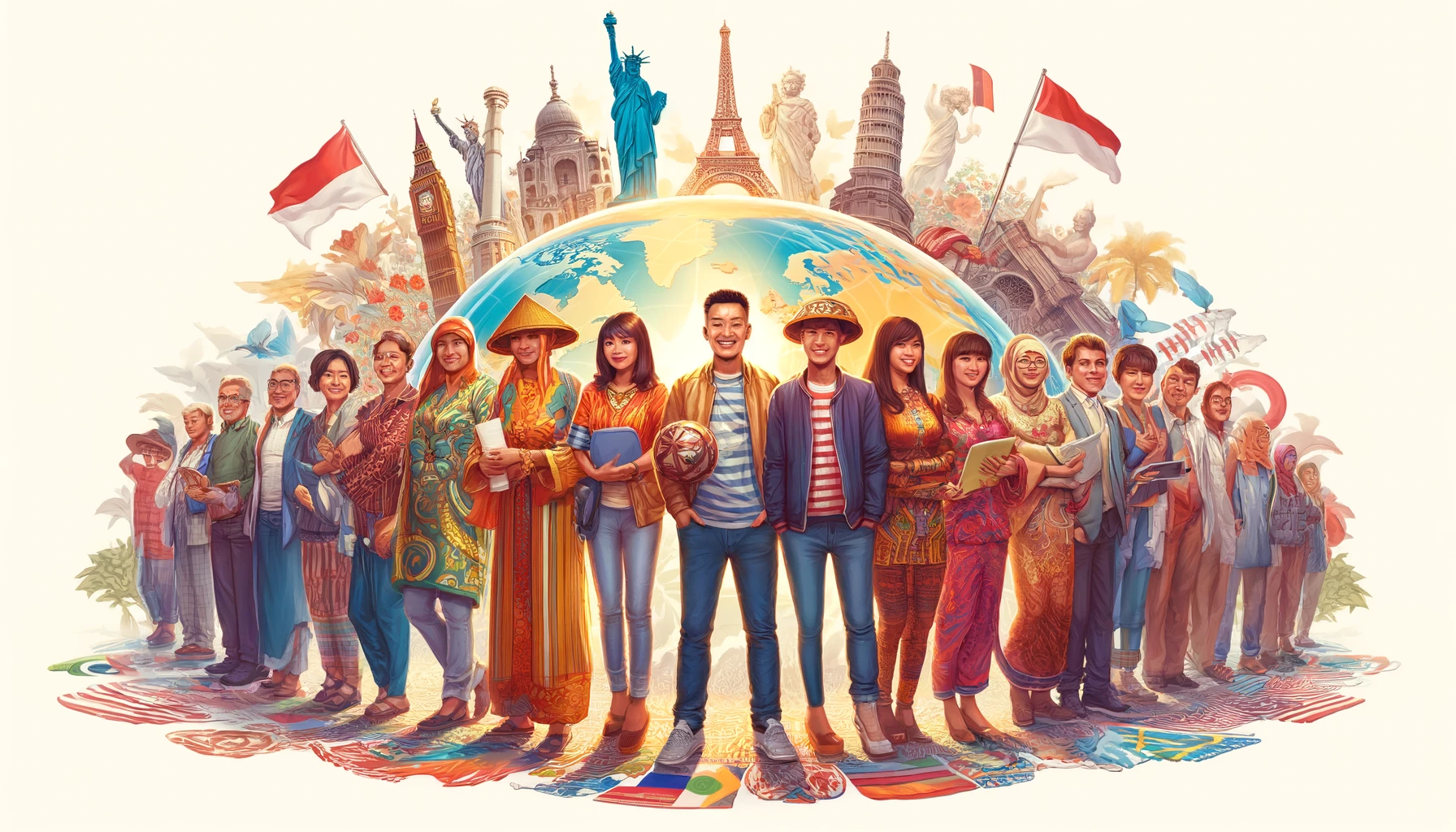 DALL·E 2024 05 07 18.46.42 A vibrant wide format illustration depicting Indonesian people living around the world showcasing a diverse group of five adults each from different