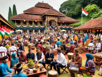 DALL·E 2024 08 14 22.48.53 A vibrant and lively scene at Benteng Vredeburg Yogyakarta during a Javanese diaspora event. The participants hailing from Suriname the Netherland