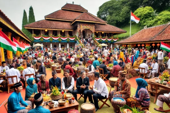 DALL·E 2024 08 14 22.48.53 A vibrant and lively scene at Benteng Vredeburg Yogyakarta during a Javanese diaspora event. The participants hailing from Suriname the Netherland