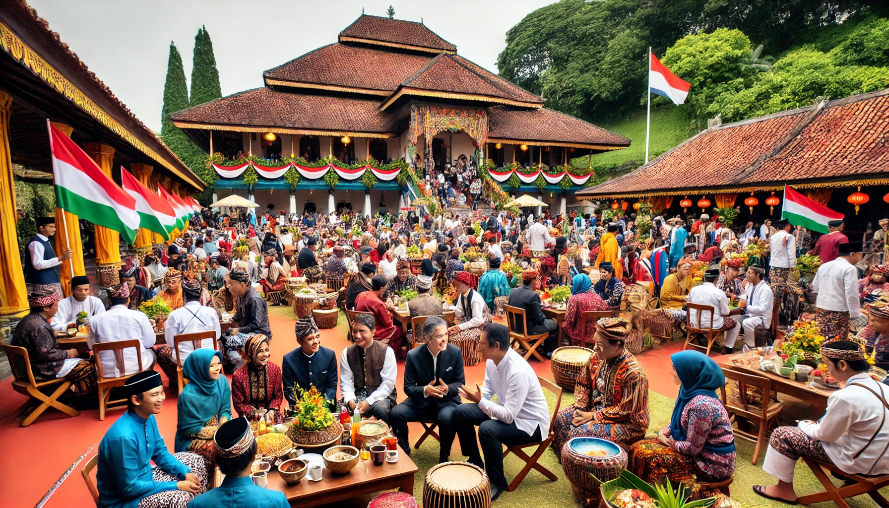 DALL·E 2024 08 14 22.48.53 A vibrant and lively scene at Benteng Vredeburg Yogyakarta during a Javanese diaspora event. The participants hailing from Suriname the Netherland